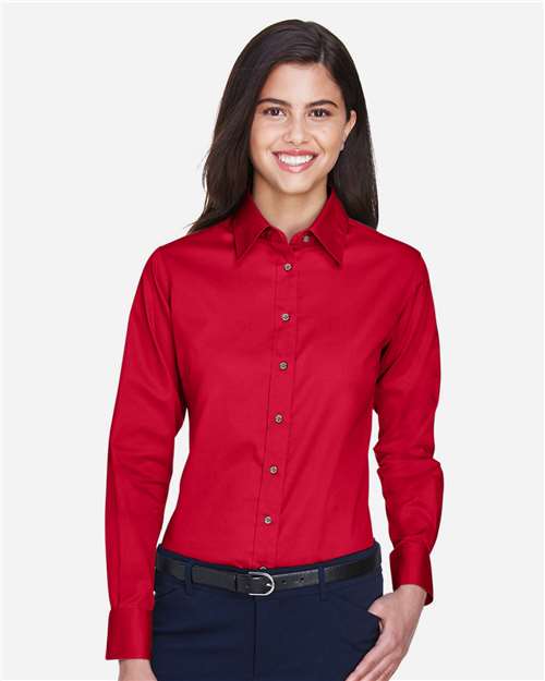 Harriton M500W Women's Easy Blend Long Sleeve Twill Dress Shirt with Stain-Release - Red - model front