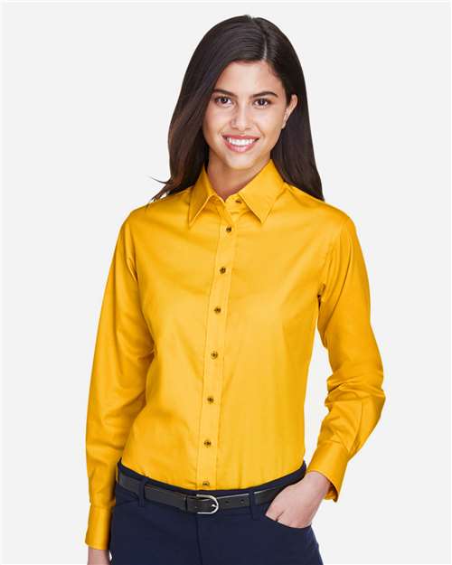 Harriton M500W Women's Easy Blend Long Sleeve Twill Dress Shirt with Stain-Release - Sunray Yellow - model front