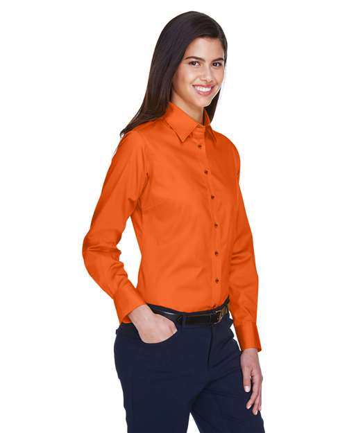 Harriton M500W Women's Easy Blend Long Sleeve Twill Dress Shirt with Stain-Release - Team Orange - model side