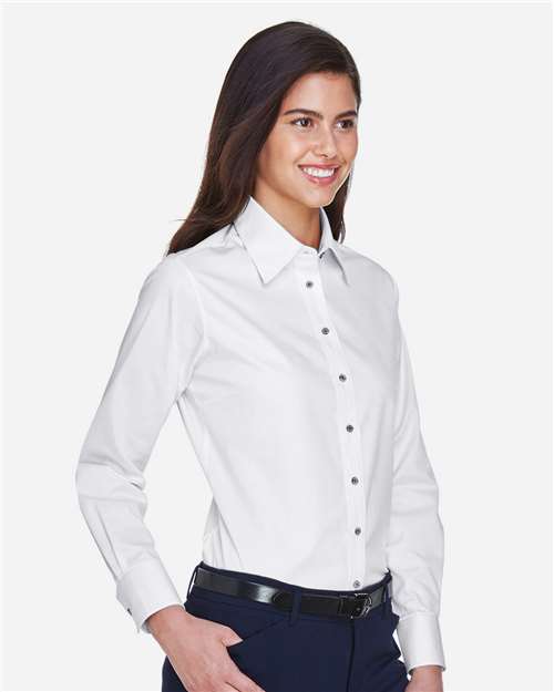 Harriton M500W Women's Easy Blend Long Sleeve Twill Dress Shirt with Stain-Release - White - model side