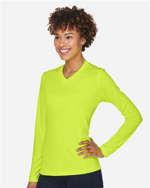 Team 365 TT11WL Women's Zone Performance Long Sleeve T-Shirt - Safety Yellow - model side
