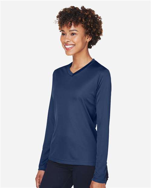 Team 365 TT11WL Women's Zone Performance Long Sleeve T-Shirt - Sport Dark Navy - model side