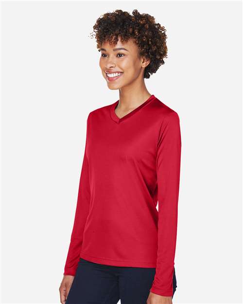 Team 365 TT11WL Women's Zone Performance Long Sleeve T-Shirt - Sport Red - model side