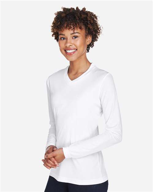 Team 365 TT11WL Women's Zone Performance Long Sleeve T-Shirt - White - model side