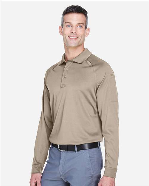 Harriton M211L Men's Advantage Long Sleeve Tactical Polo - Desert Khaki - model side
