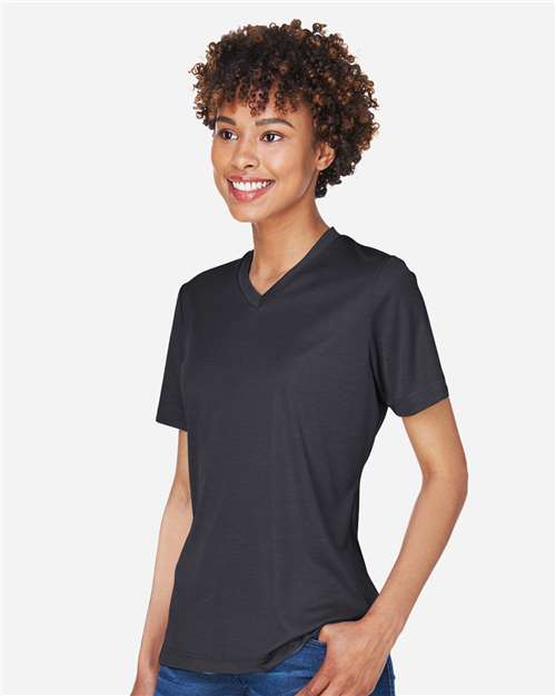 Team 365 TT11HW Women's Sonic Heather Performance T-Shirt - Black Heather - model side