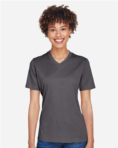Team 365 TT11HW Women's Sonic Heather Performance T-Shirt - Dark Grey Heather - model front
