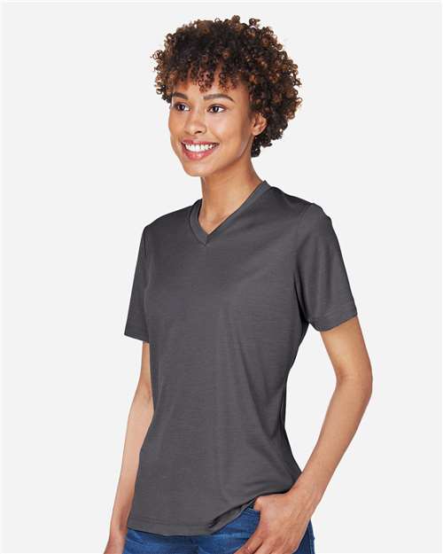 Team 365 TT11HW Women's Sonic Heather Performance T-Shirt - Dark Grey Heather - model side