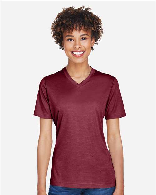 Team 365 TT11HW Women's Sonic Heather Performance T-Shirt - Sport Maroon Heather - model front