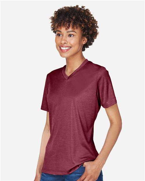 Team 365 TT11HW Women's Sonic Heather Performance T-Shirt - Sport Maroon Heather - model side