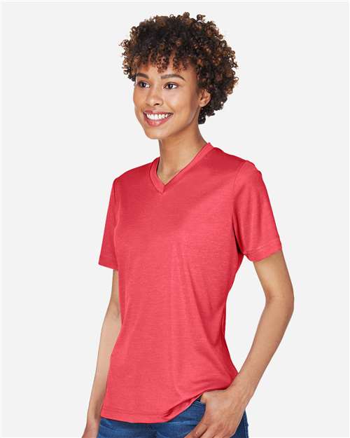 Team 365 TT11HW Women's Sonic Heather Performance T-Shirt - Sport Red Heather - model side