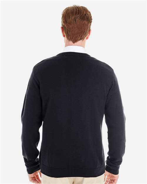 Harriton M425 Men's Pilbloc V-Neck Button Cardigan Sweater - Black - model back