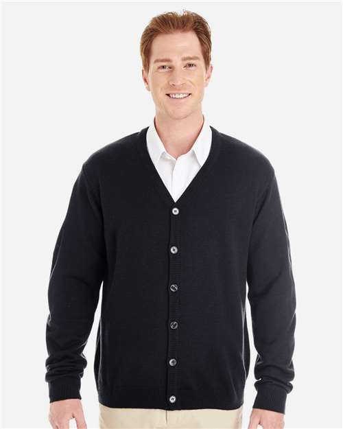Harriton M425 Men's Pilbloc V-Neck Button Cardigan Sweater - Black - model front