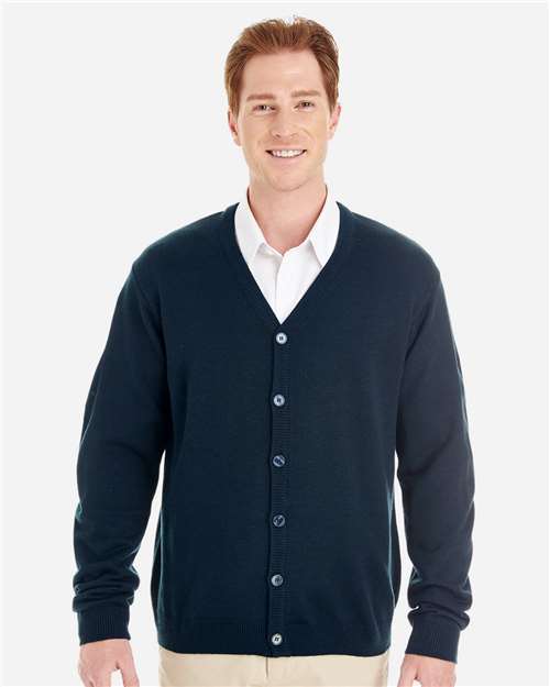 Harriton M425 Men's Pilbloc V-Neck Button Cardigan Sweater - Dark Navy - model front