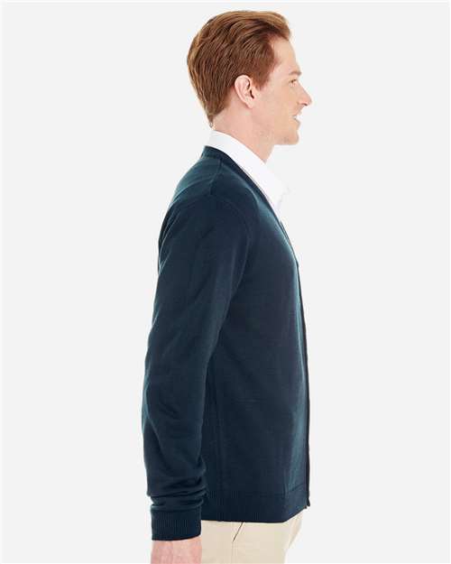 Harriton M425 Men's Pilbloc V-Neck Button Cardigan Sweater - Dark Navy - model side