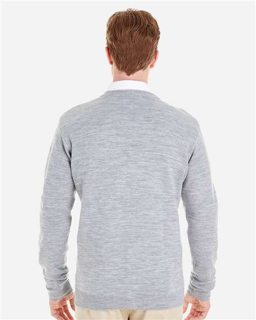 Harriton M425 Men's Pilbloc V-Neck Button Cardigan Sweater - Grey Heather - model back