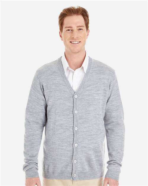 Harriton M425 Men's Pilbloc V-Neck Button Cardigan Sweater - Grey Heather - model front