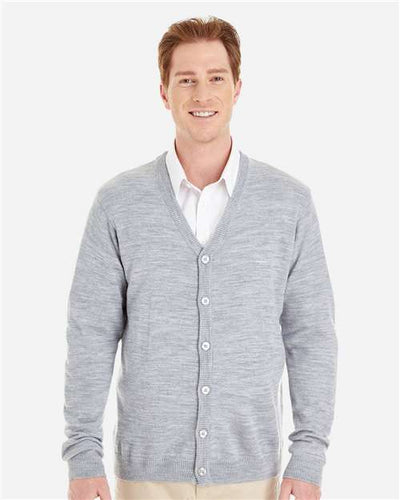 Harriton M425 Men's Pilbloc V-Neck Button Cardigan Sweater - Grey Heather - model front
