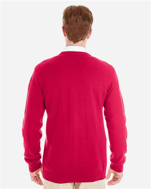 Harriton M425 Men's Pilbloc V-Neck Button Cardigan Sweater - Red - model back