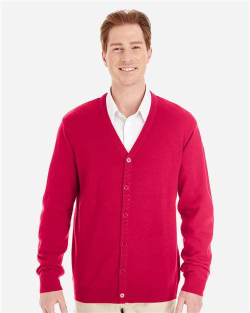 Harriton M425 Men's Pilbloc V-Neck Button Cardigan Sweater - Red - model front
