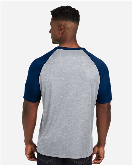 Team 365 TT62 Unisex Zone Colorblock Raglan T-Shirt - Athletic Heather/ Sport Dark Navy - model back