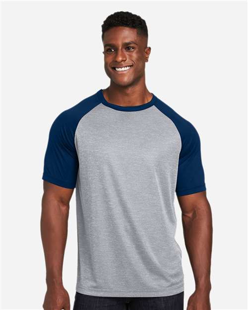 Team 365 TT62 Unisex Zone Colorblock Raglan T-Shirt - Athletic Heather/ Sport Dark Navy - model front