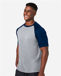 Team 365 TT62 Unisex Zone Colorblock Raglan T-Shirt - Athletic Heather/ Sport Dark Navy - model side