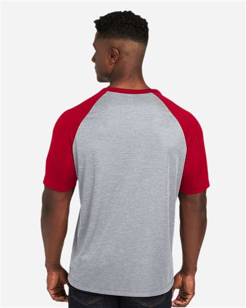 Team 365 TT62 Unisex Zone Colorblock Raglan T-Shirt - Athletic Heather/ Sport Red - model back
