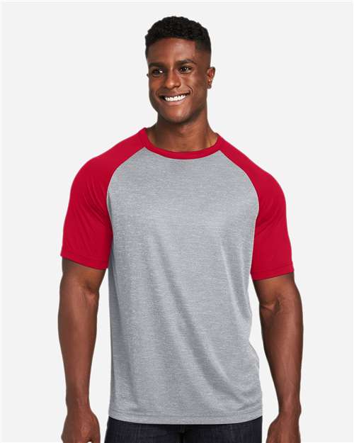 Team 365 TT62 Unisex Zone Colorblock Raglan T-Shirt - Athletic Heather/ Sport Red - model front