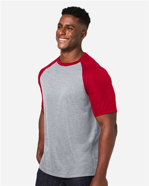 Team 365 TT62 Unisex Zone Colorblock Raglan T-Shirt - Athletic Heather/ Sport Red - model side