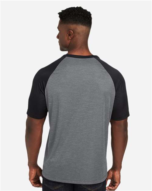 Team 365 TT62 Unisex Zone Colorblock Raglan T-Shirt - Dark Grey Heather/ Black - model back