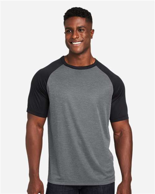 Team 365 TT62 Unisex Zone Colorblock Raglan T-Shirt - Dark Grey Heather/ Black - model front