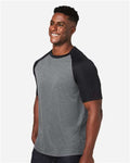 Team 365 TT62 Unisex Zone Colorblock Raglan T-Shirt - Dark Grey Heather/ Black - model side