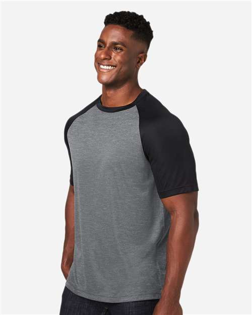 Team 365 TT62 Unisex Zone Colorblock Raglan T-Shirt - Dark Grey Heather/ Black - model side