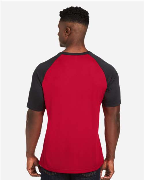 Team 365 TT62 Unisex Zone Colorblock Raglan T-Shirt - Sport Red/ Black Heather - model back