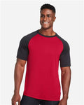 Team 365 TT62 Unisex Zone Colorblock Raglan T-Shirt - Sport Red/ Black Heather - model front