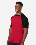Team 365 TT62 Unisex Zone Colorblock Raglan T-Shirt - Sport Red/ Black Heather - model side
