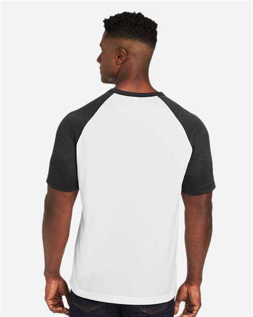 Team 365 TT62 Unisex Zone Colorblock Raglan T-Shirt - White/ Black Heather - model back