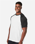 Team 365 TT62 Unisex Zone Colorblock Raglan T-Shirt - White/ Black Heather - model side