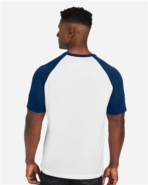 Team 365 TT62 Unisex Zone Colorblock Raglan T-Shirt - White/ Sport Dark Navy Heather - model back