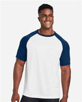 Team 365 TT62 Unisex Zone Colorblock Raglan T-Shirt - White/ Sport Dark Navy Heather - model front