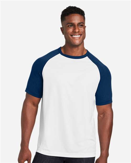 Team 365 TT62 Unisex Zone Colorblock Raglan T-Shirt - White/ Sport Dark Navy Heather - model front