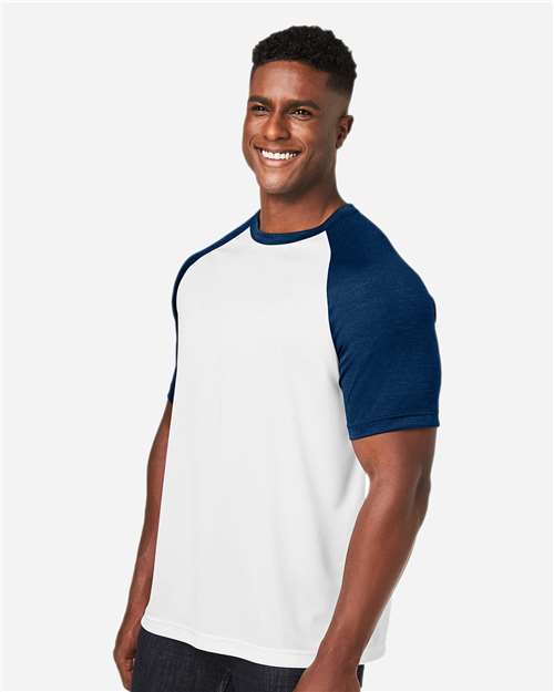 Team 365 TT62 Unisex Zone Colorblock Raglan T-Shirt - White/ Sport Dark Navy Heather - model side