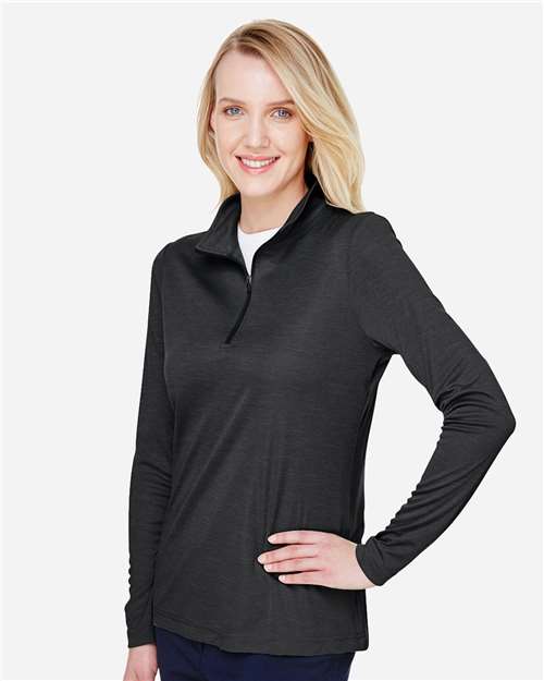 Team 365 TT31HW Women's Zone Sonic Heather Performance Quarter-Zip Pullover - Black Heather - model side