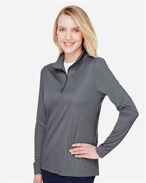 Team 365 TT31HW Women's Zone Sonic Heather Performance Quarter-Zip Pullover - Dark Grey Heather - model side