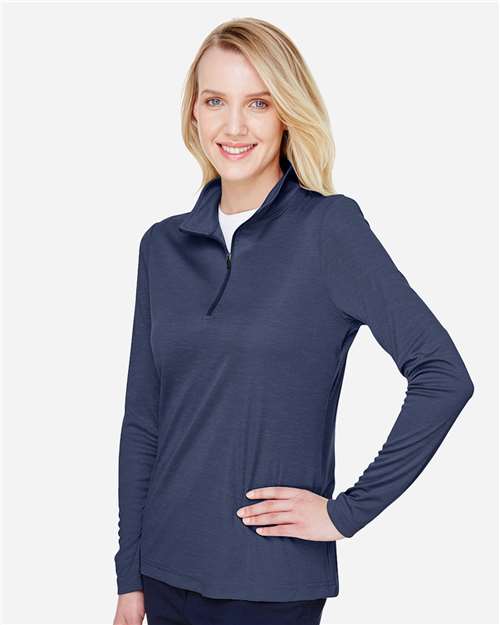 Team 365 TT31HW Women's Zone Sonic Heather Performance Quarter-Zip Pullover - Sport Dark Navy Heather - model side