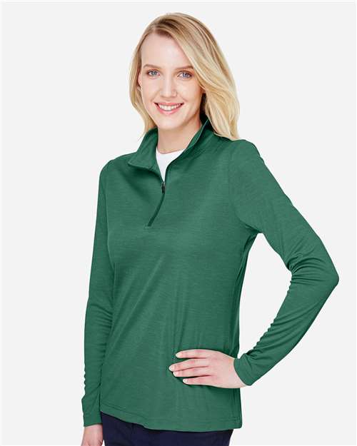 Team 365 TT31HW Women's Zone Sonic Heather Performance Quarter-Zip Pullover - Sport Forest Heather - model side