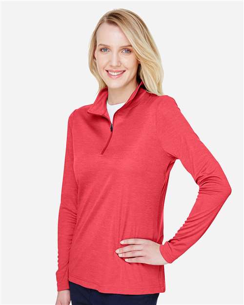 Team 365 TT31HW Women's Zone Sonic Heather Performance Quarter-Zip Pullover - Sport Red Heather - model side