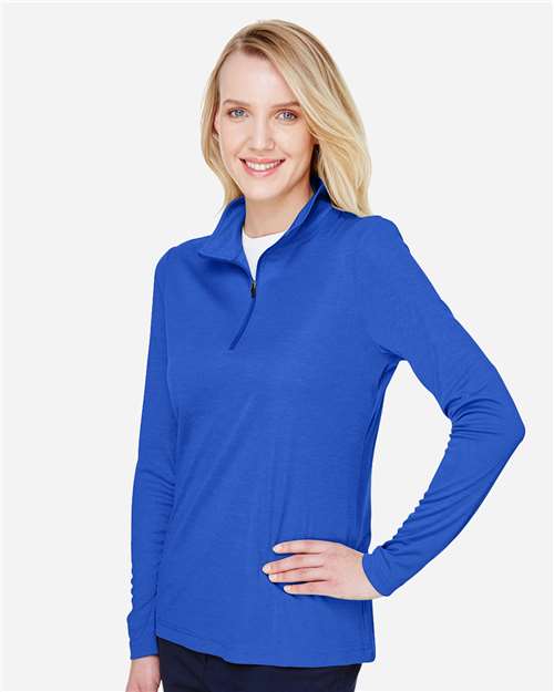 Team 365 TT31HW Women's Zone Sonic Heather Performance Quarter-Zip Pullover - Sport Royal Heather - model side