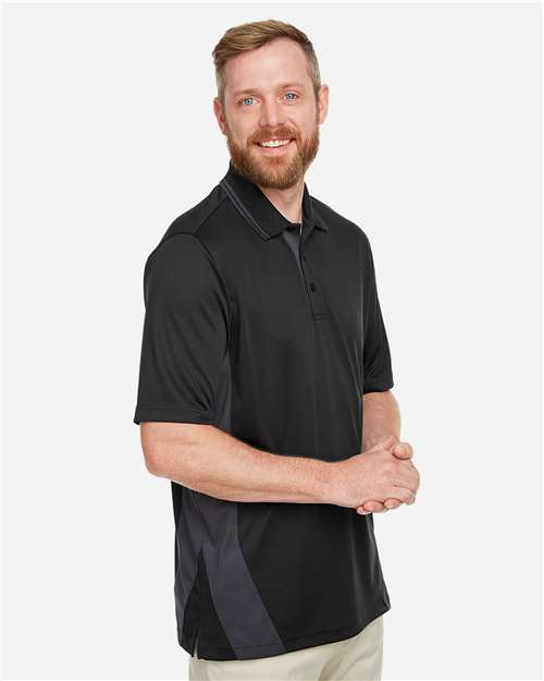 Harriton M386 Men's Flash Snag Protection Plus IL Colorblock Polo - Black/ Dark Charcoal - model side